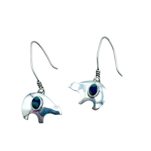 Sterling Silver Signed S.J. Azurite Malachite Bear Earrings Dangle Drop Threader - Picture 2 of 8